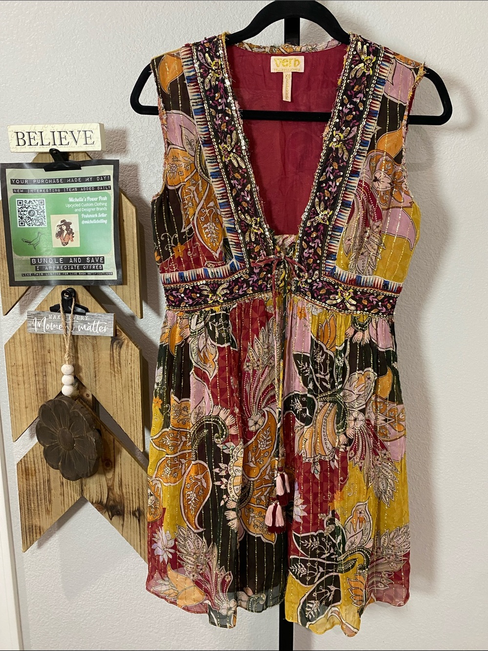 Anthropologie Verb Embroidered Patchwork Mini Dress in Mustard, Pink Olive 18x34